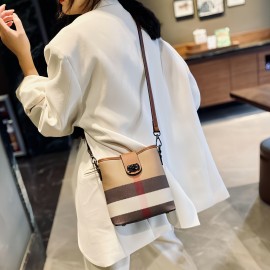 1pc Fashion Plaid Genuine Leather Bucket Bag for Women, Lightweight Shoulder Crossbody Bag with Adjustable Strap, Buckle Closure, Polyester Lined, Edge Paint Detail - Versatile for Casual and Occasion Use