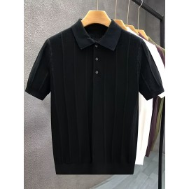Luxury Knit Short Sleeve Polo Shirt for Men | Summer New Solid Color Lapel Collar Casual Tops, Button Details, Regular Fit
